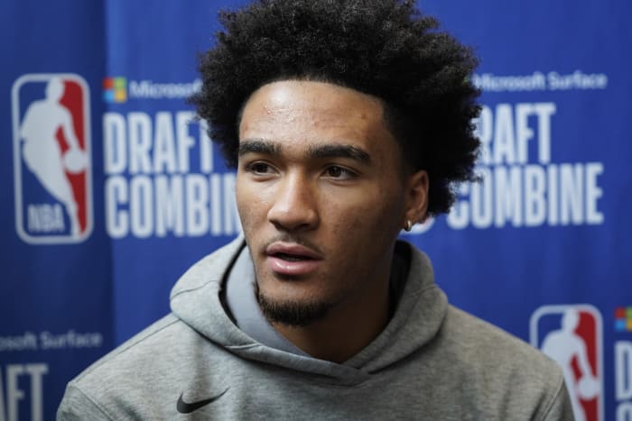Jalen Hood-Schifino talks to the media during the 2023 NBA Draft Combine at Wintrust Arena.